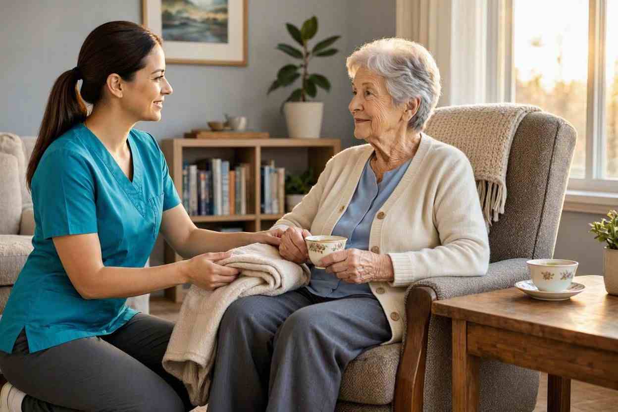 A caregiver taking care of an elderly woman at home